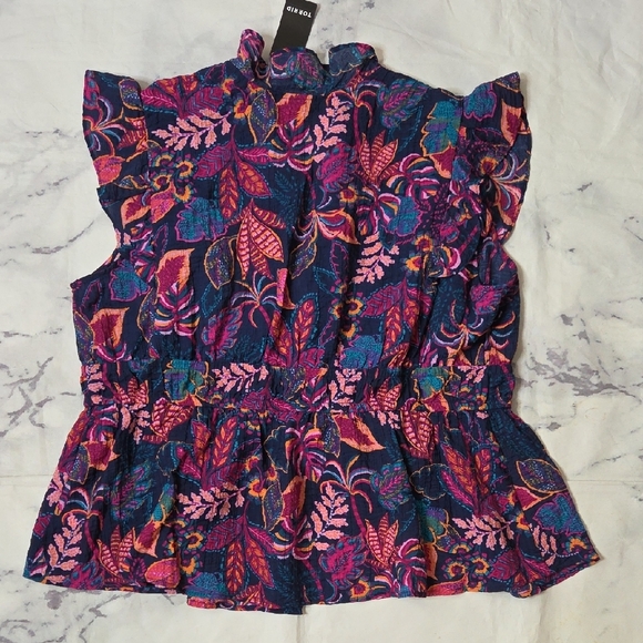 Torrid Vibrant Multicolor Ruffle V-neck Tie Front Blouse - Picture 7 of 7